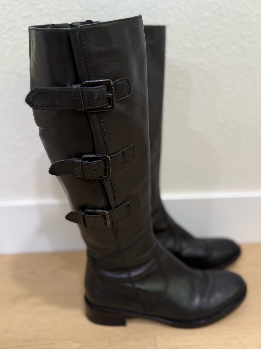 ECCO Hobart Black Leather Tall Riding Boots Buckle Size 38